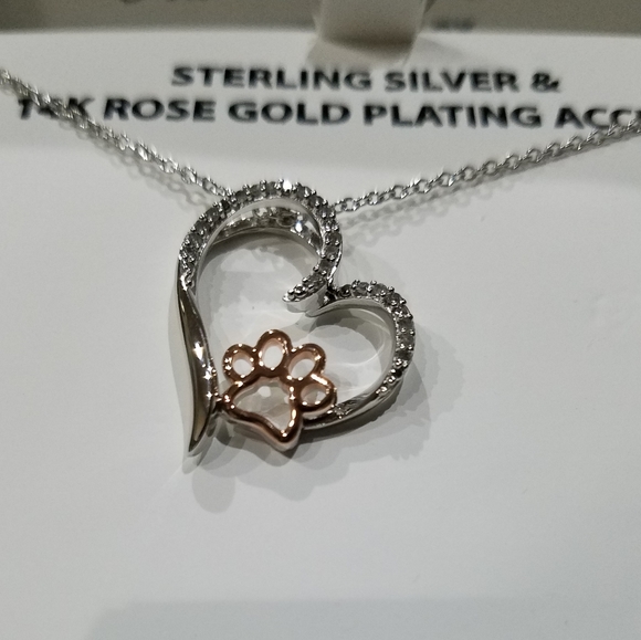 Sterling Silver Necklace Diamond Encrusted Heart & 14k Rose Gold Paw Pendant NWT - Picture 13 of 16